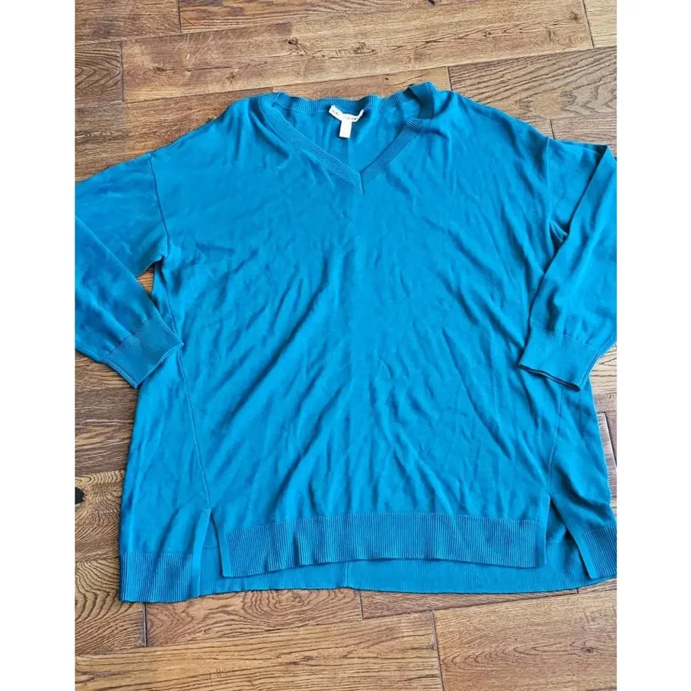 Girl with Curves French Terry V-Neck Long Sleeve Sweater‎ Women Size 2XL Blue
